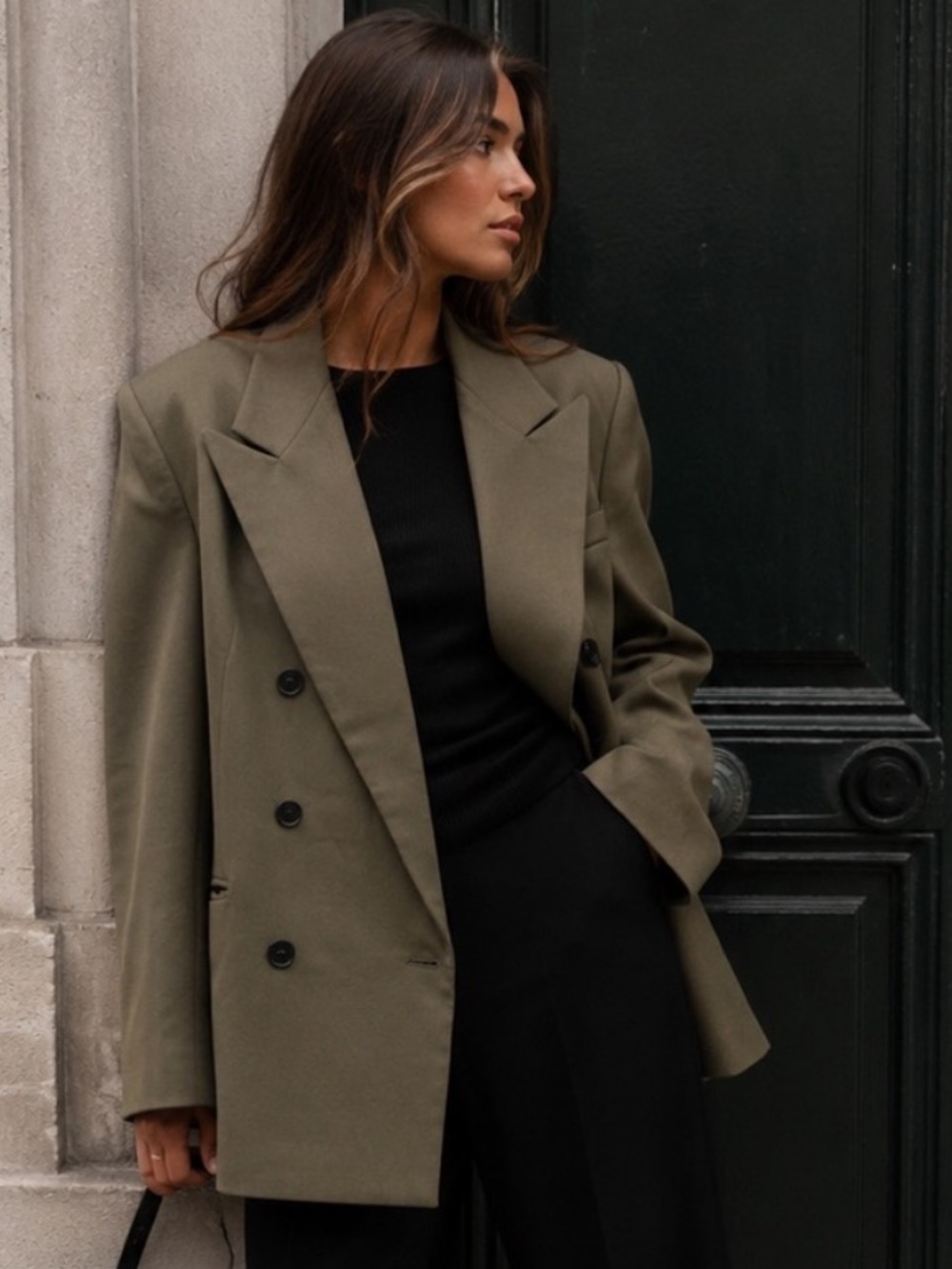 Olivaceous Olive Green Oversized Double Breasted Blazer Size L Longline